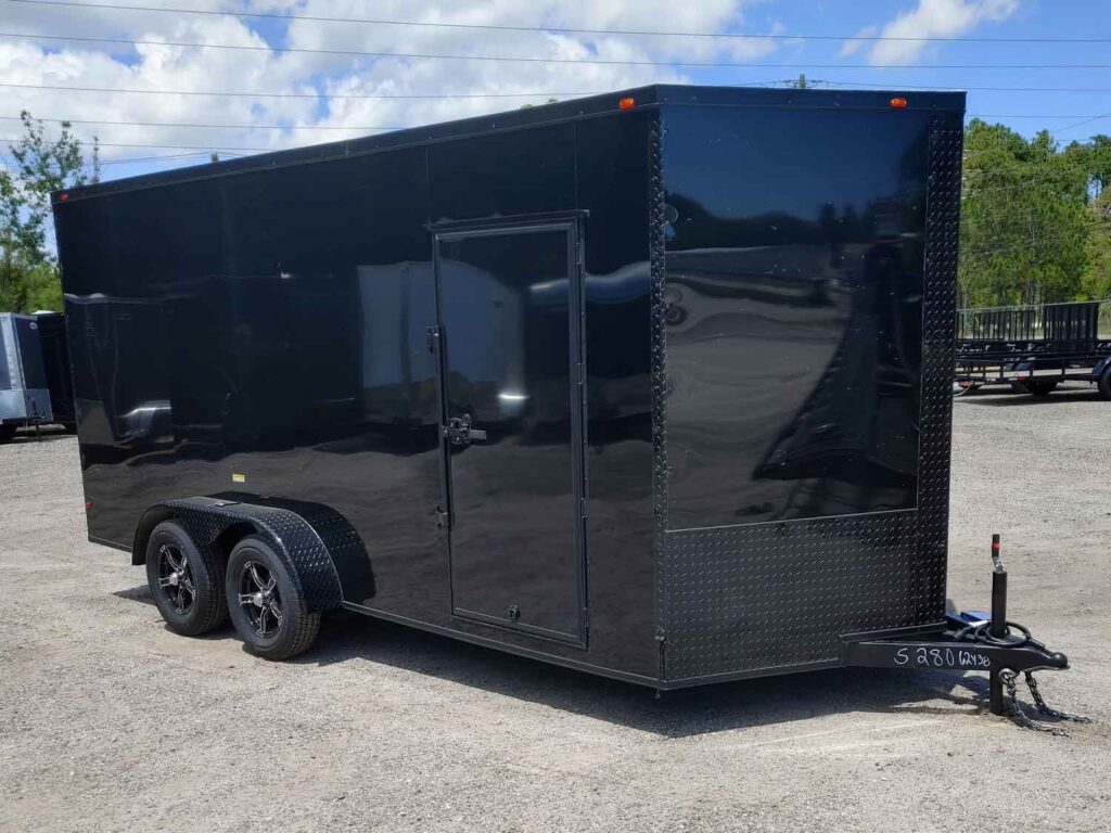 7x16 Black enclosed trailer. all black, blackout, black mag whees. Yulee Trailers & Power Equipment.