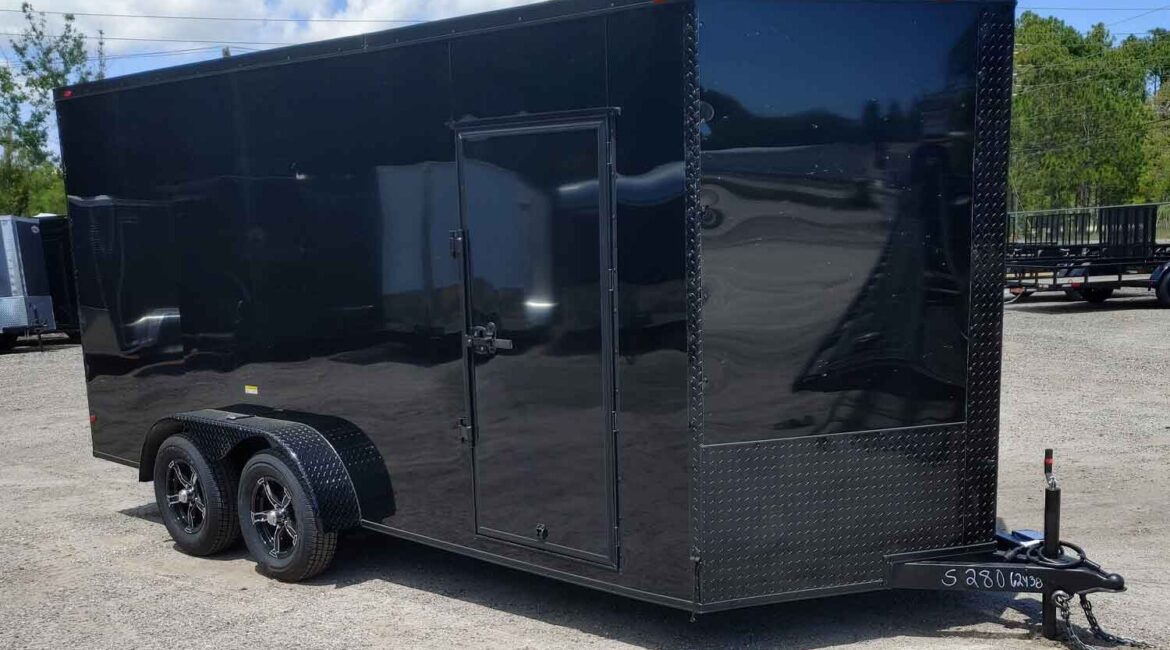 7x16 Black enclosed trailer. all black, blackout, black mag whees. Yulee Trailers & Power Equipment.